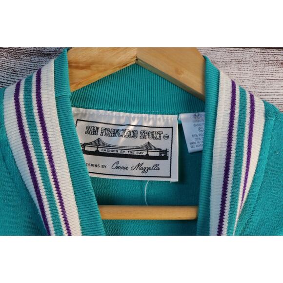 Vintage San Francisco Sport Medium Half Striped Teal Pullover Sweater - Picture 3 of 5
